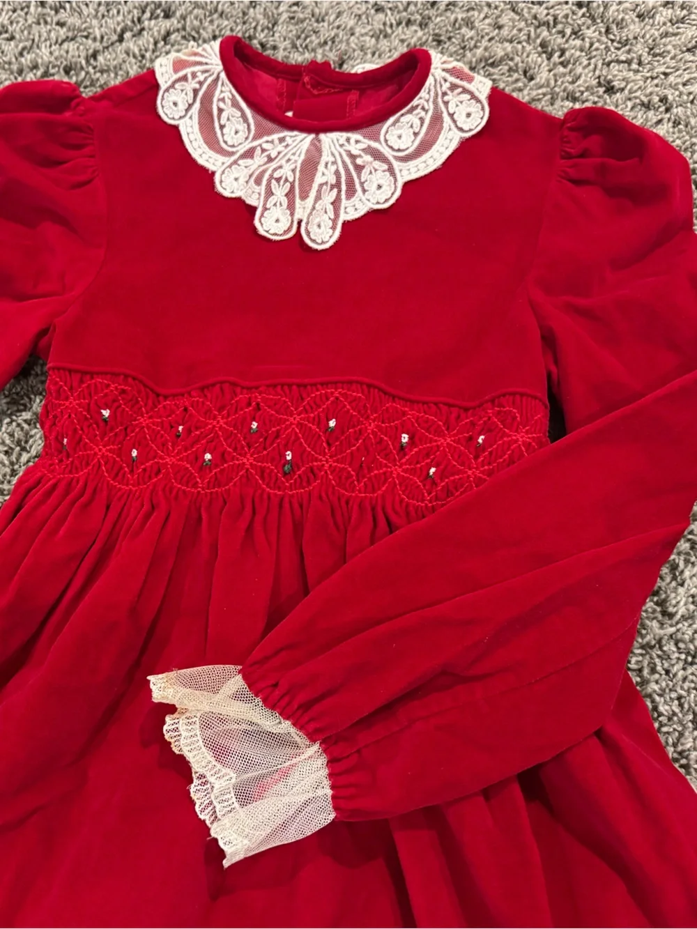 Vintage Polly Flinders Girls Red Velvet Dress with Lace Collar and embroidey